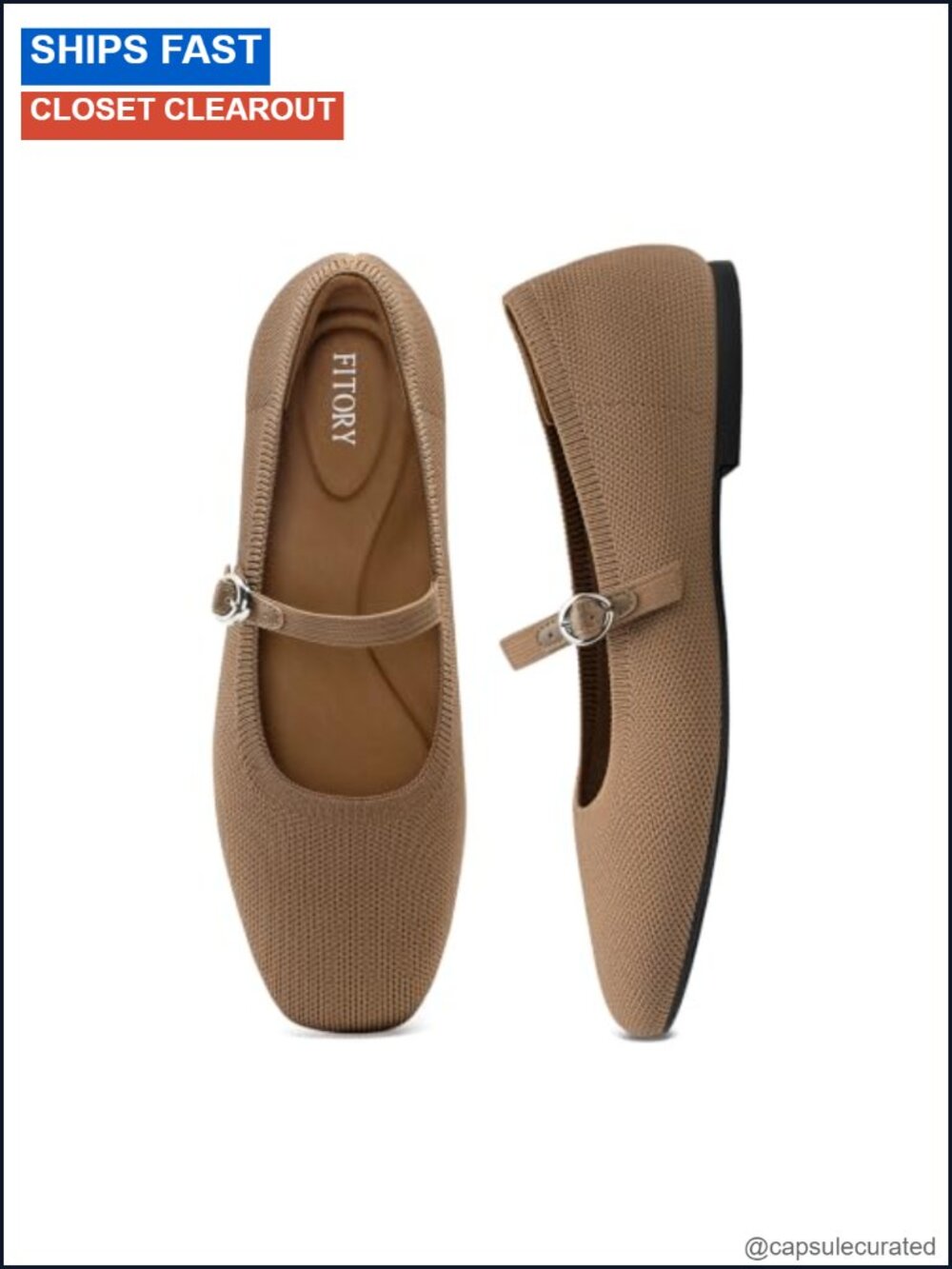 Mary Jane Ballet Flats Square Toe Knit Ankle Strap Memory Foam Washable